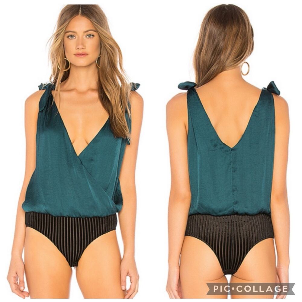 NWT MISA Los Angeles Santos Bodysuit XS Satin Teal Deep V Neck Tie Shoulders